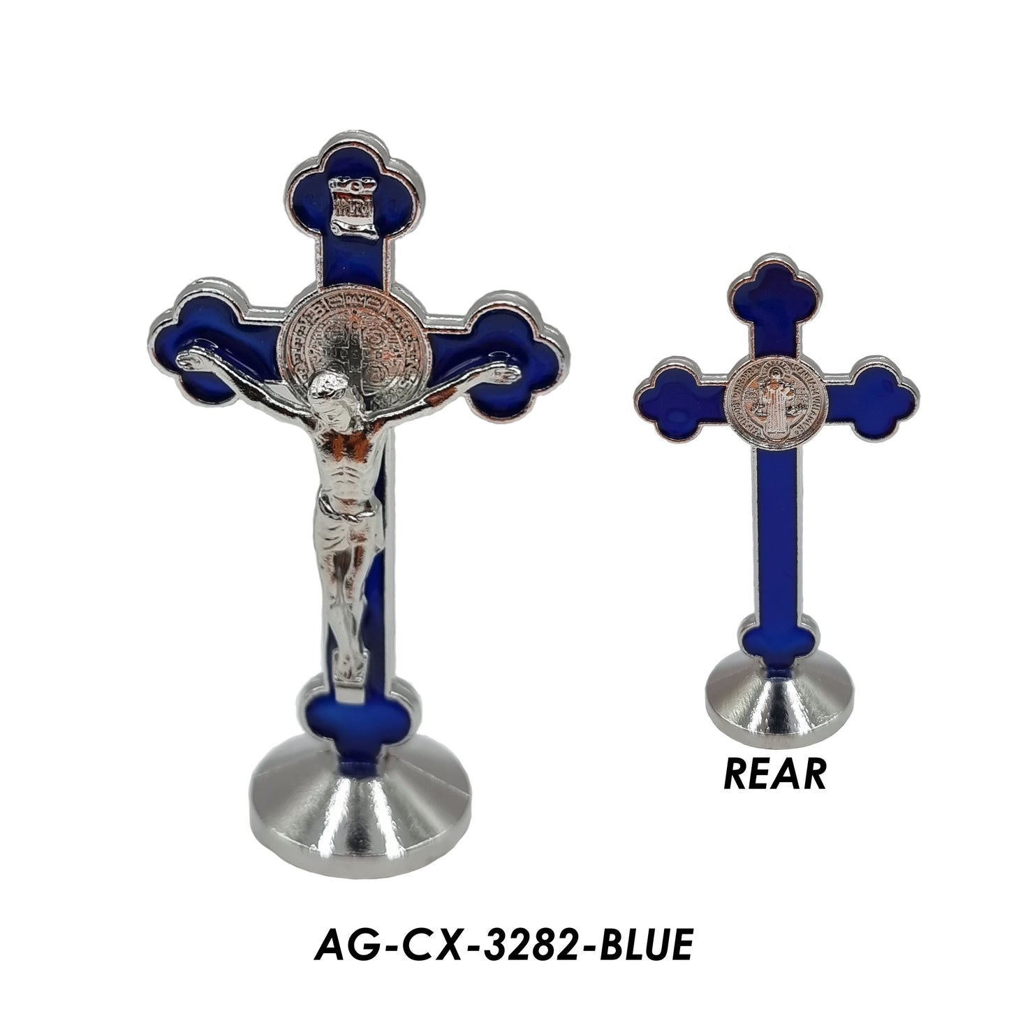Crucifix – Standing Metallic With St. Benedict Crest (8cm) – 5 Colours