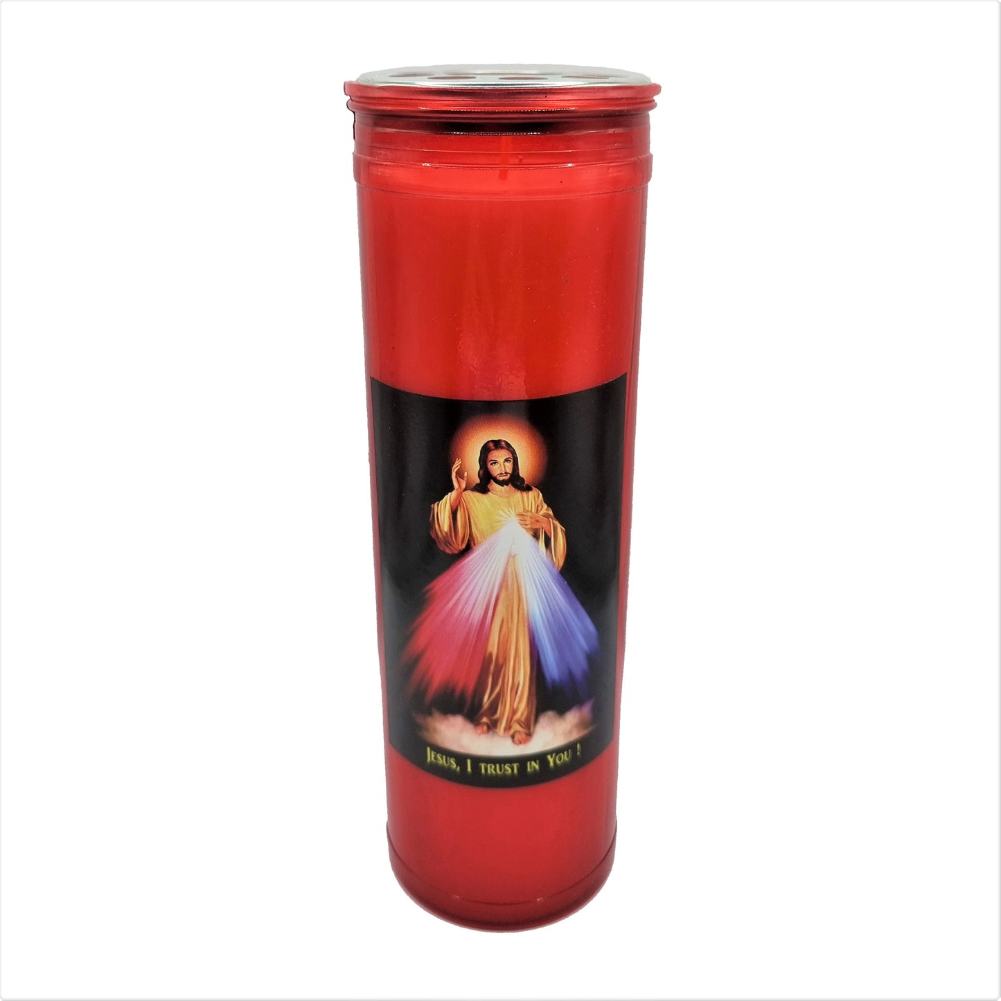 Catholic Wax Candle with Picture – Red Container (100 Hours) – Assorted Design