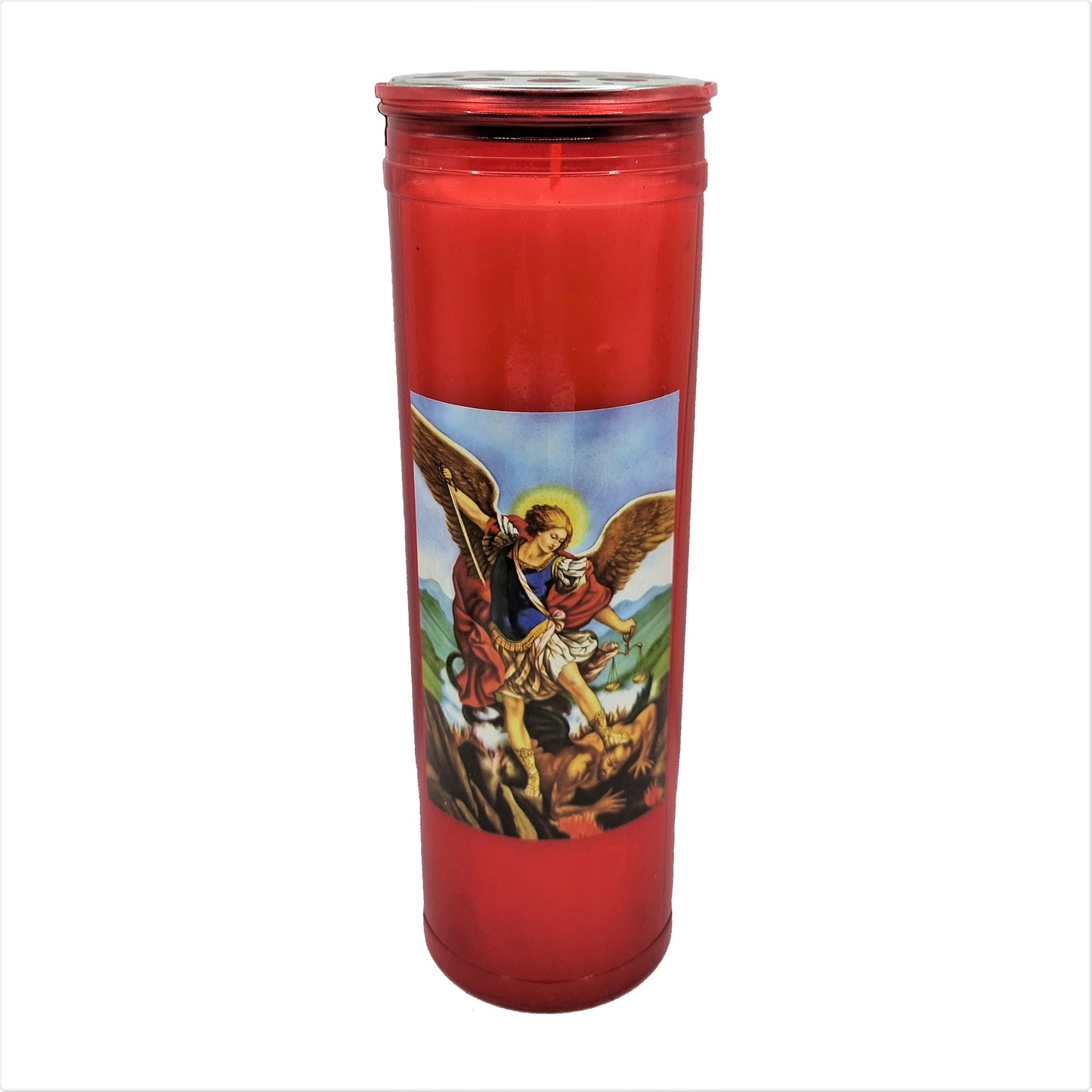 Catholic Wax Candle with Picture – Red Container (100 Hours) – Assorted Design