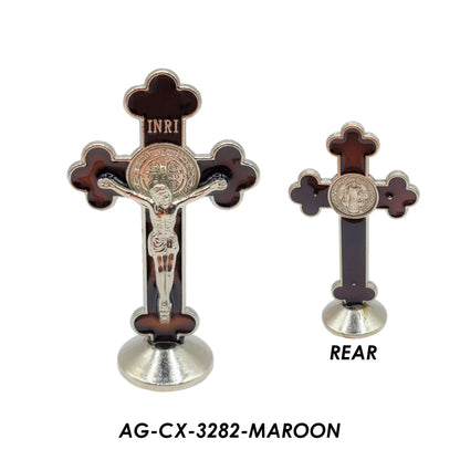 Crucifix – Standing Metallic With St. Benedict Crest (8cm) – 5 Colours