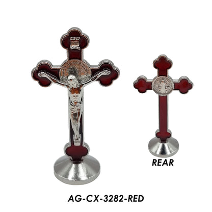 Crucifix – Standing Metallic With St. Benedict Crest (8cm) – 5 Colours