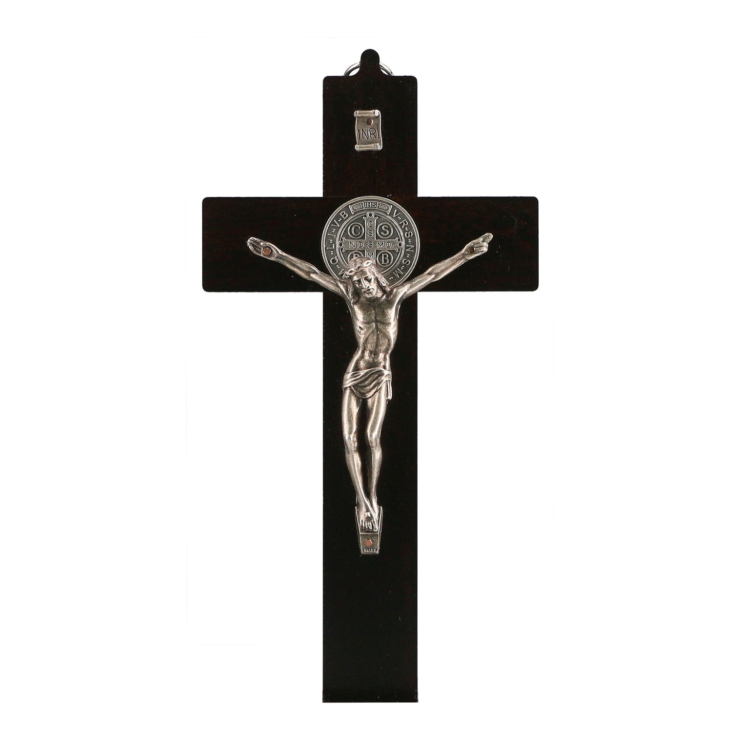 Crucifix – Wall Hanging Wooden Cross With Saint Benedict Medal (Dark Walnut Wood)