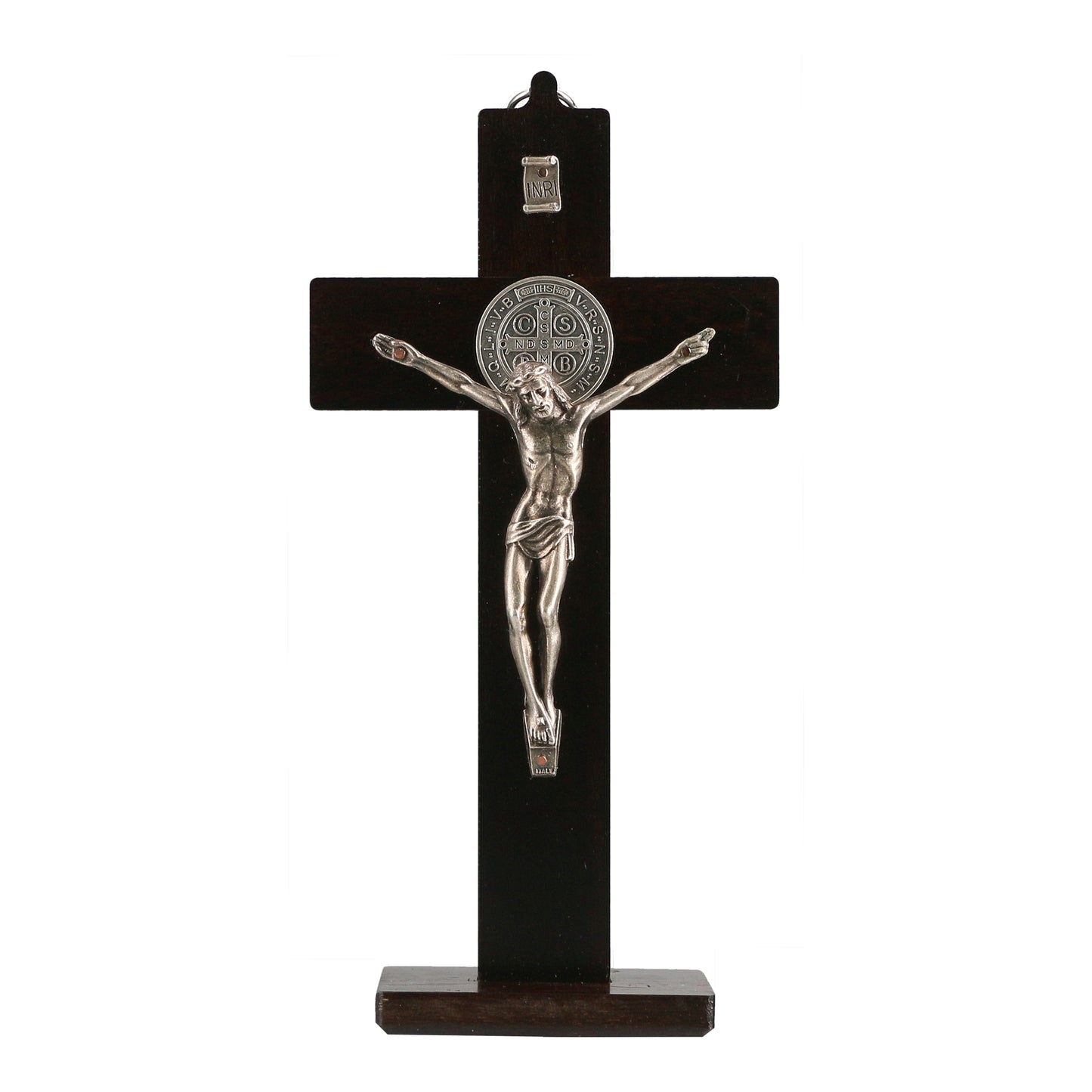 Crucifix – Wall Hanging/Stand Wooden Cross With Saint Benedict Medal (Dark Walnut Wood)