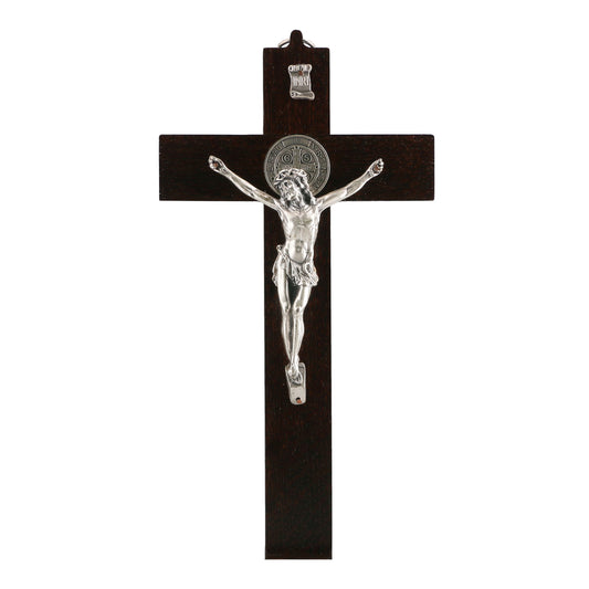 Crucifix – Wall Hanging Wooden Cross With Saint Benedict Medal (Dark Walnut Wood)