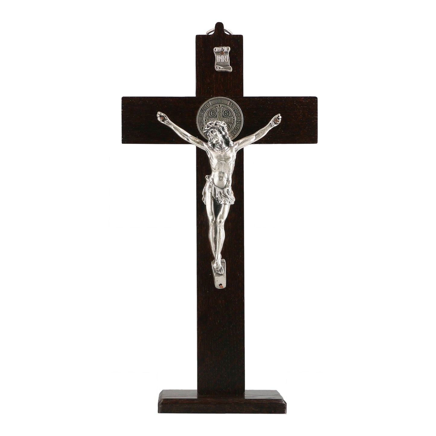 Crucifix – Wall Hanging/Stand Wooden Cross With Saint Benedict Medal (Dark Walnut Wood)