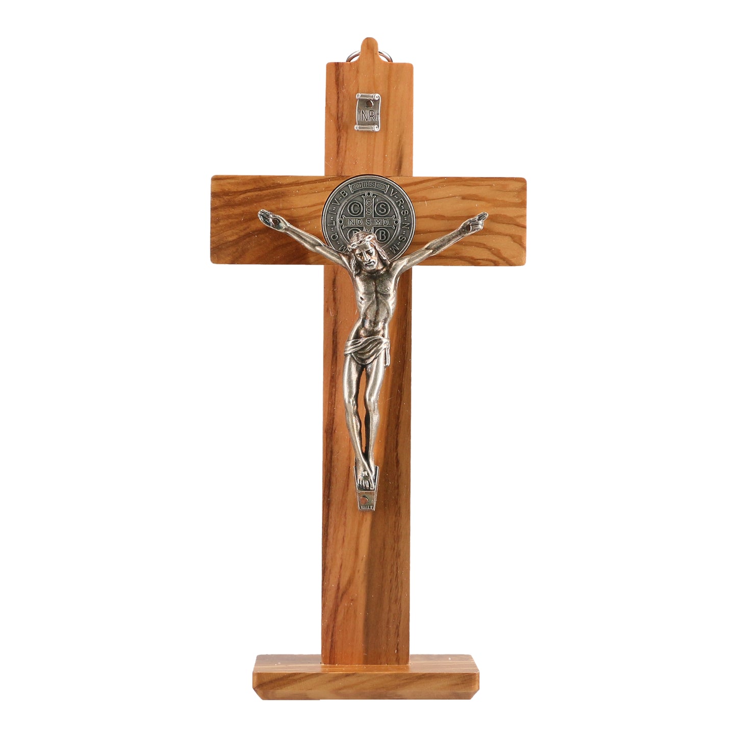 Crucifix – Wall Hanging/Stand Wooden Cross With Saint Benedict Medal (Olive Wood)